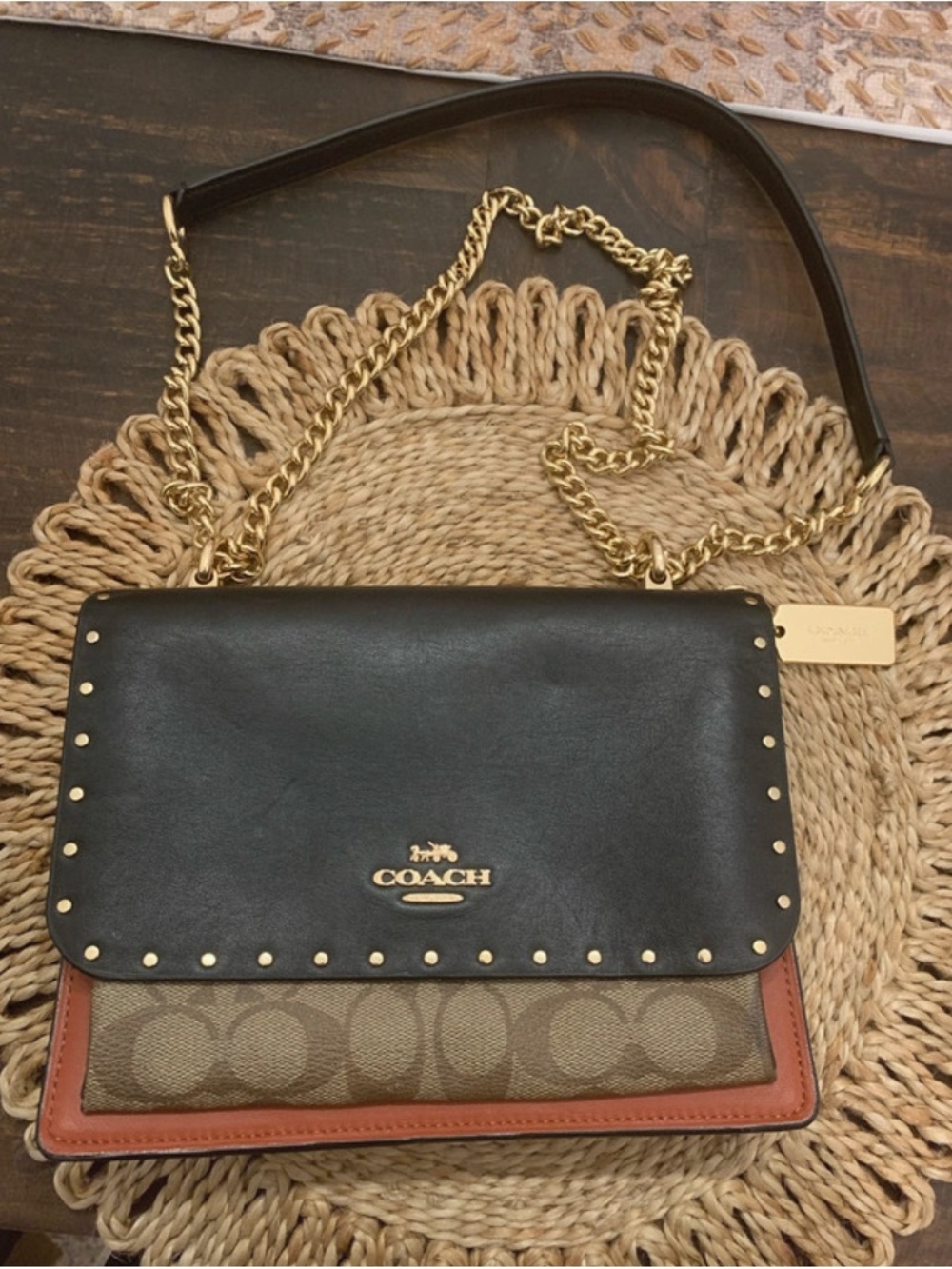 Coach Klare Leather & Signature Canvas Crossbody Bag - Black/Tan/Rust